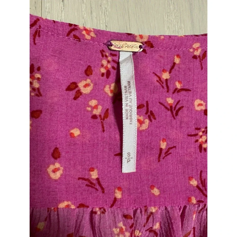 Free People Blouse Pink Floral Smocked Boho Peasant Cottagecore Festival Femme S